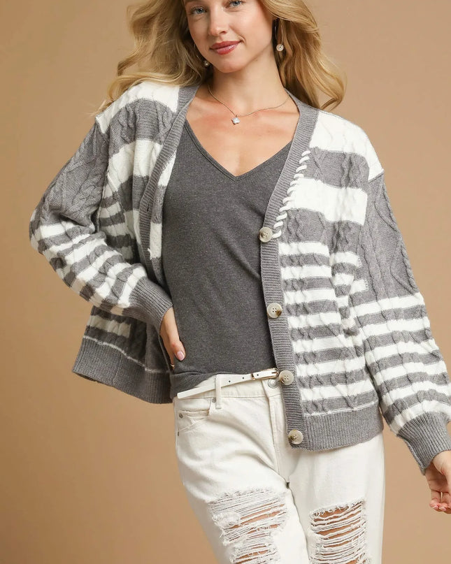 Umgee Cable-Knit Stripe Button-Up Cardigan GREY