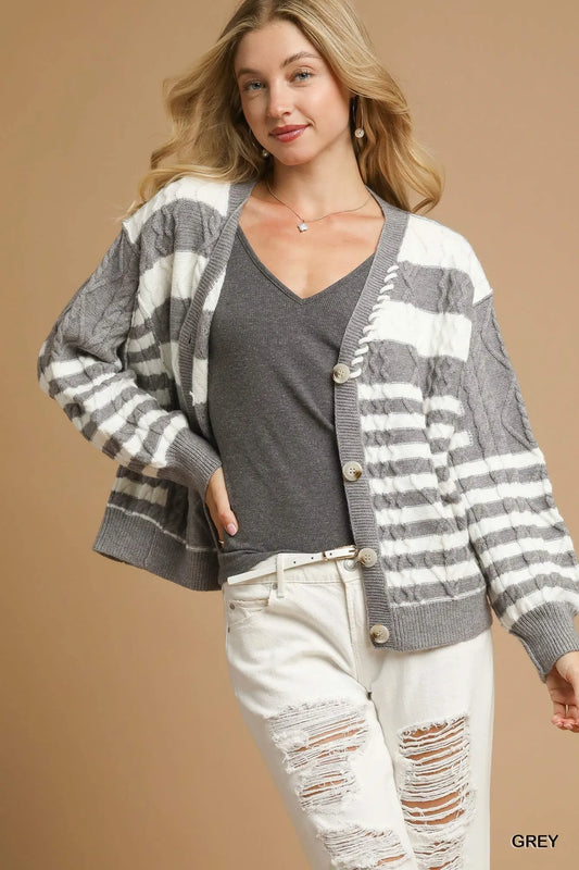 Umgee Cable-Knit Stripe Button-Up Cardigan GREY