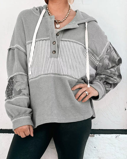 Waffle Knit Striped Drawstring Hoodie Gray