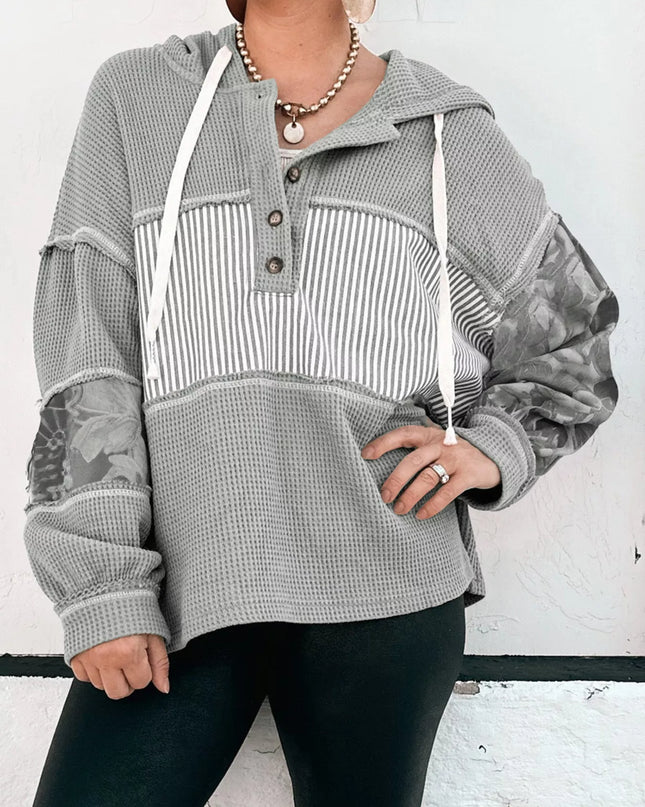 Waffle Knit Striped Drawstring Hoodie Gray