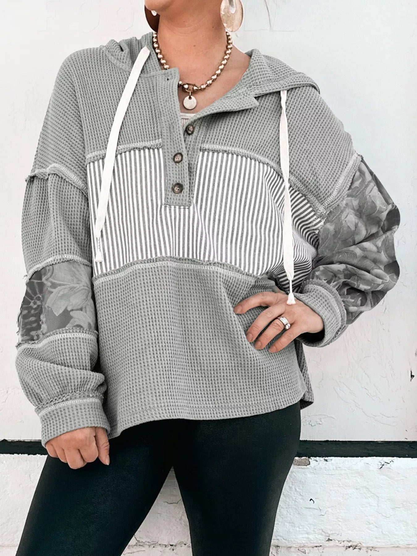 Waffle Knit Striped Drawstring Hoodie Gray