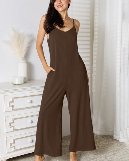 Basic Bae Full Size Spaghetti Strap V-Neck Jumpsuit Chocolate