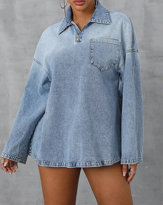 Collared Neck Drop Shoulder Denim Top Light