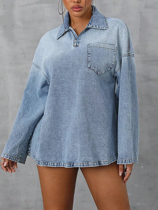 Collared Neck Drop Shoulder Denim Top Light