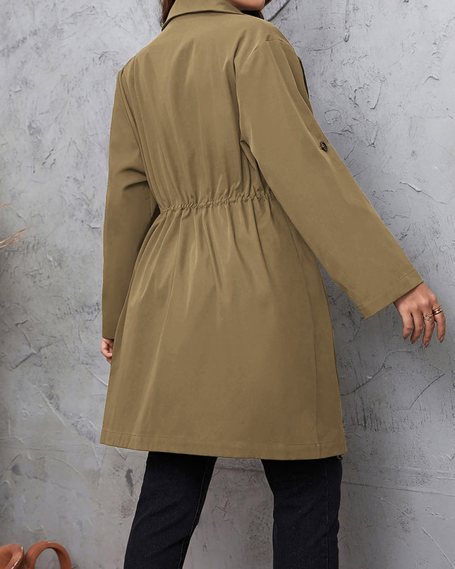 Honey Plus Size Lapel Collar Drawstring Roll-Tab Sleeve Trench Coat