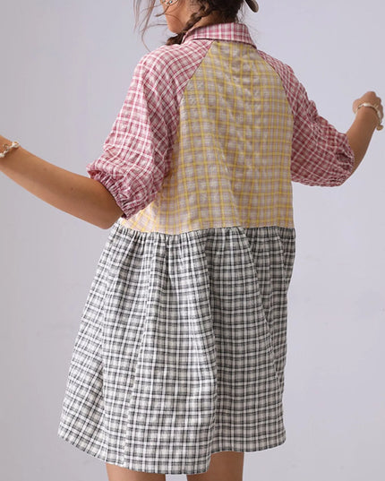 Colorful Mixed Gingham Shirt Dress