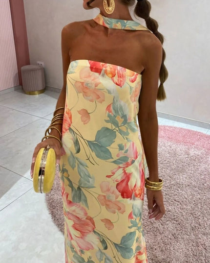 Printed Tube Maxi Dress Pastel Yellow