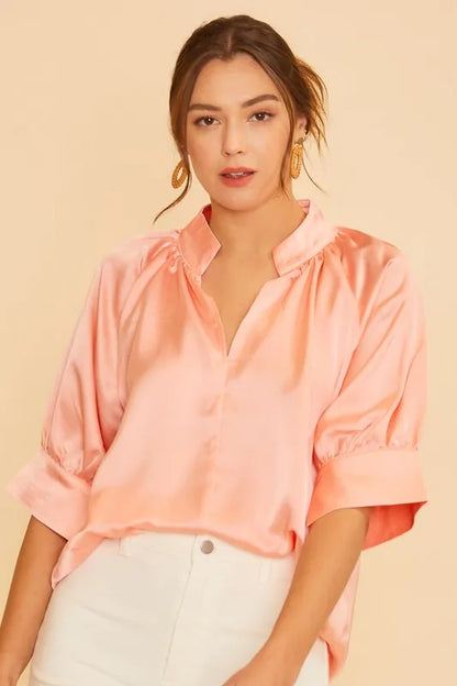 Annie Wear Satin V Neck Open Short Sleeve Woven Blouse Top