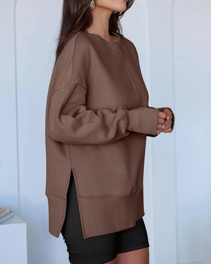 Side Slit Round Neck Long Sleeve Sweatshirt