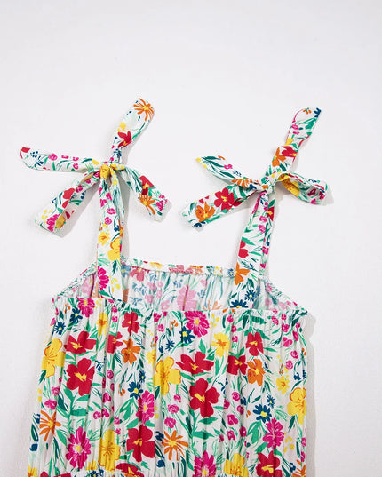 Floral Knotted Straps Cinched Waist Ruffle Hem Mini Dress