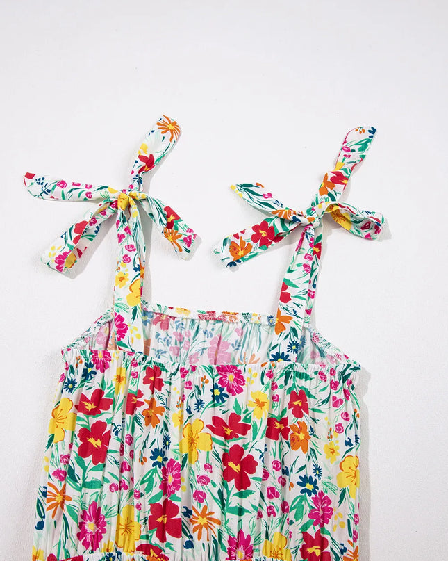 Floral Knotted Straps Cinched Waist Ruffle Hem Mini Dress