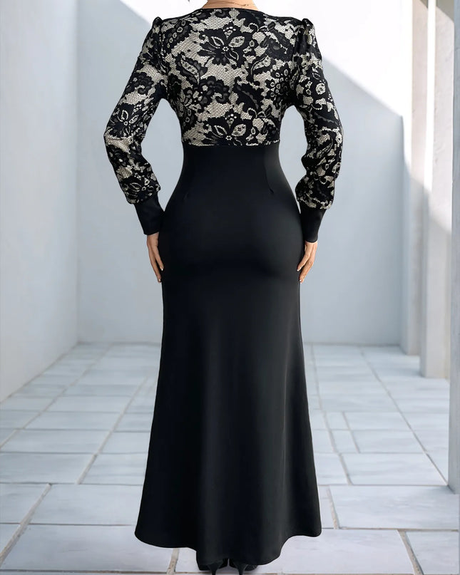 Lace V-Neck Long Sleeve Maxi Dress