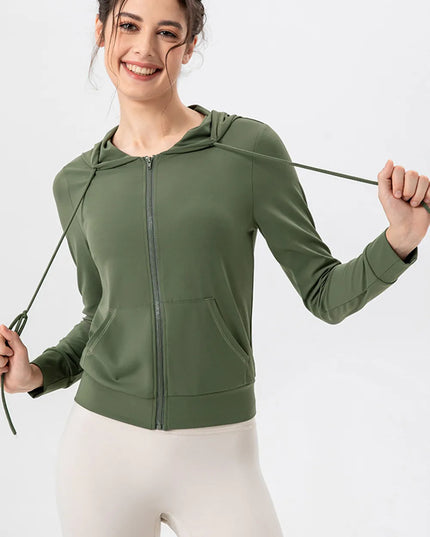 Drawstring Zip Up Hooded Active Outerwear