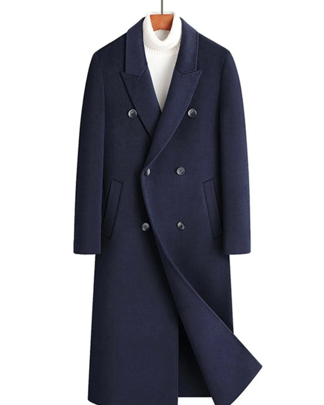 Men's Plus Size Double-Breasted Long Wool Coat Navy Blue