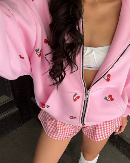 Cherry Print Oversized Zip-Up Hoodie