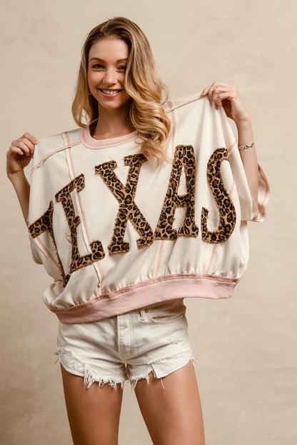 BiBi Leopard Print Texas Patchwork Overlock Stitch Top