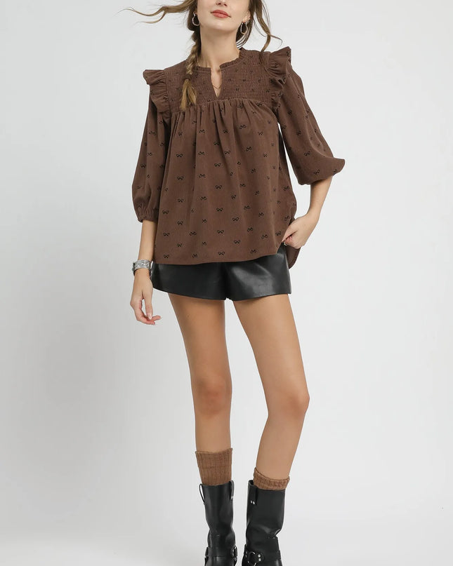 Umgee Bow Print Corduroy Puff Sleeve Blouse with Ruffled