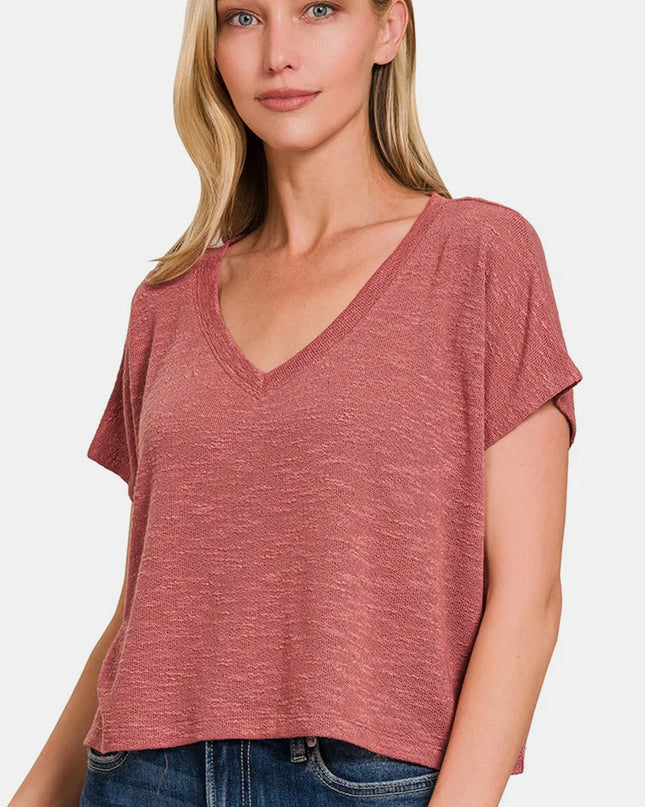 Zenana V-Neck Short Sleeve Crop T-Shirt Winter Rose