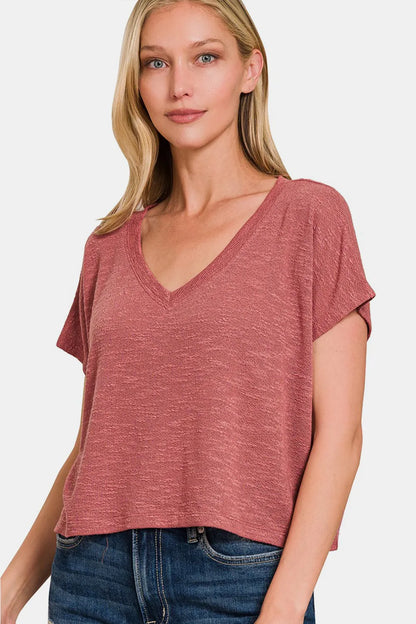 Zenana V-Neck Short Sleeve Crop T-Shirt Winter Rose