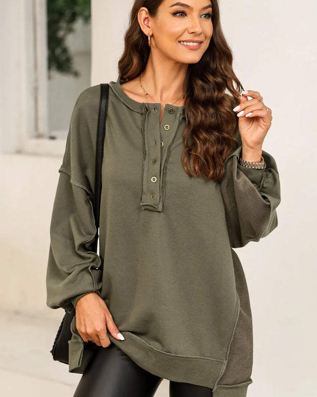 Buttoned Dropped Shoulder Sweatshirt Army Green