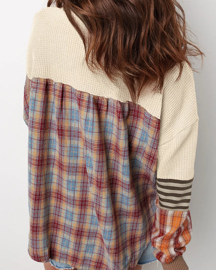 Waffle Stripe Plaid Patchwork Henley Knit Top