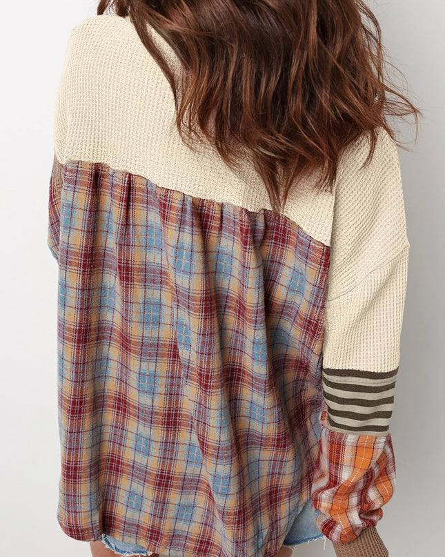 Waffle Stripe Plaid Patchwork Henley Knit Top