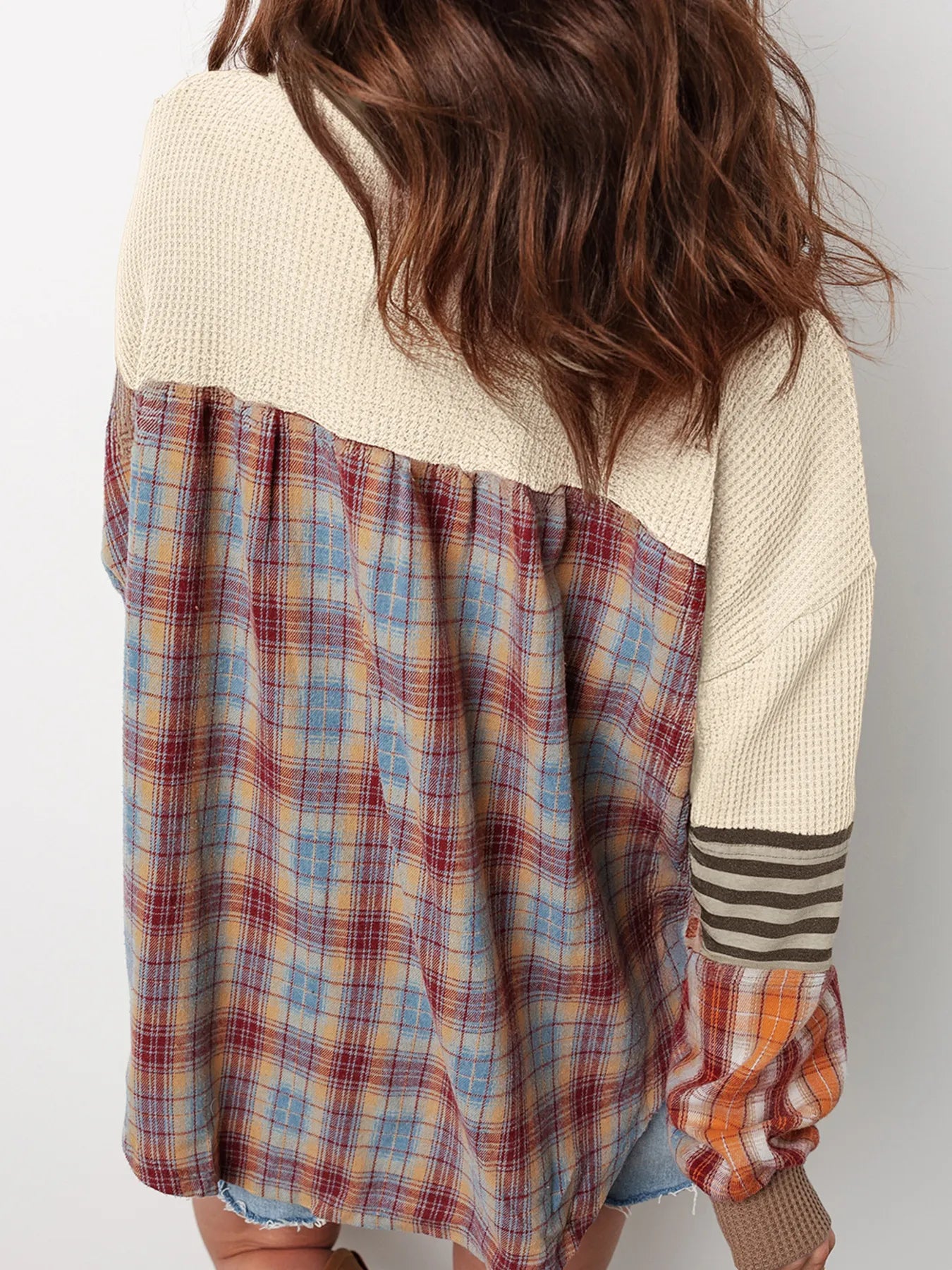 Waffle Stripe Plaid Patchwork Henley Knit Top