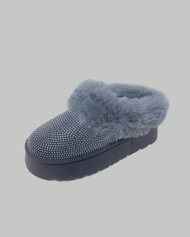 WILD DIVA Embellished Faux Fur Platform Booties Gray