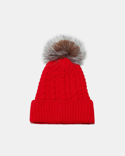 Cable Knit Winter Hat with Pompom Deep Red One Size