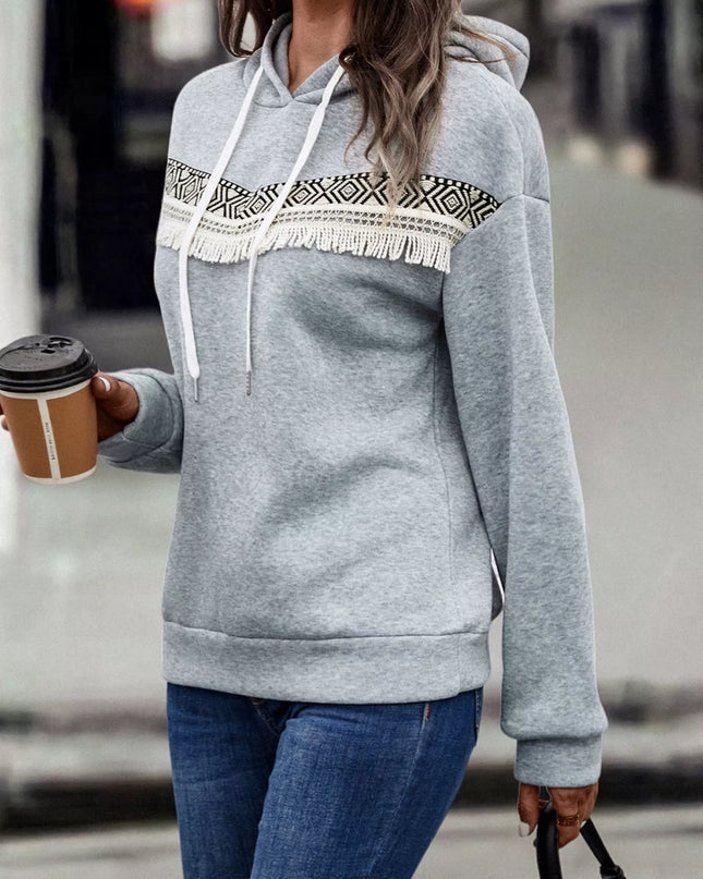 Fringe Detail Long Sleeve Drawstring Hoodie