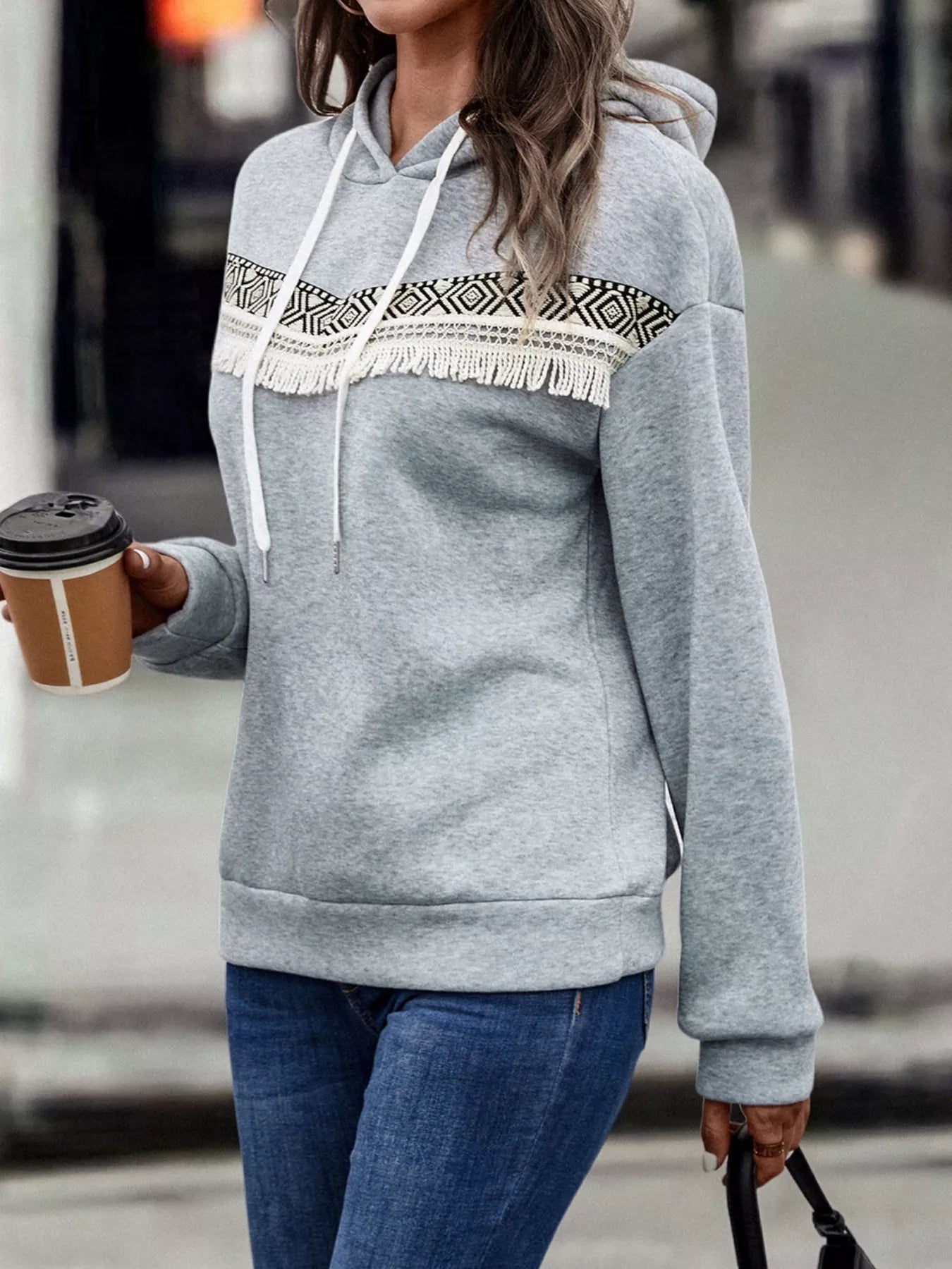 Fringe Detail Long Sleeve Drawstring Hoodie