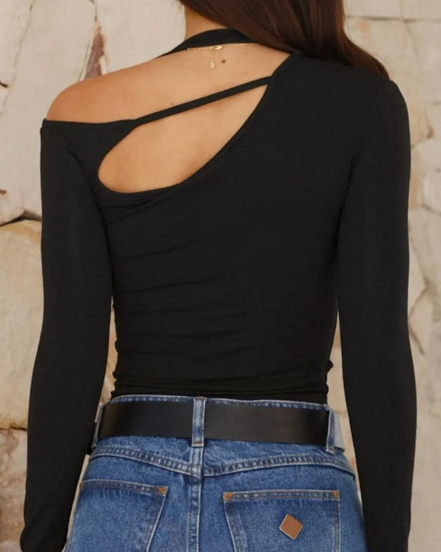 Cutout Asymmetrical Neck Long Sleeve T-Shirt
