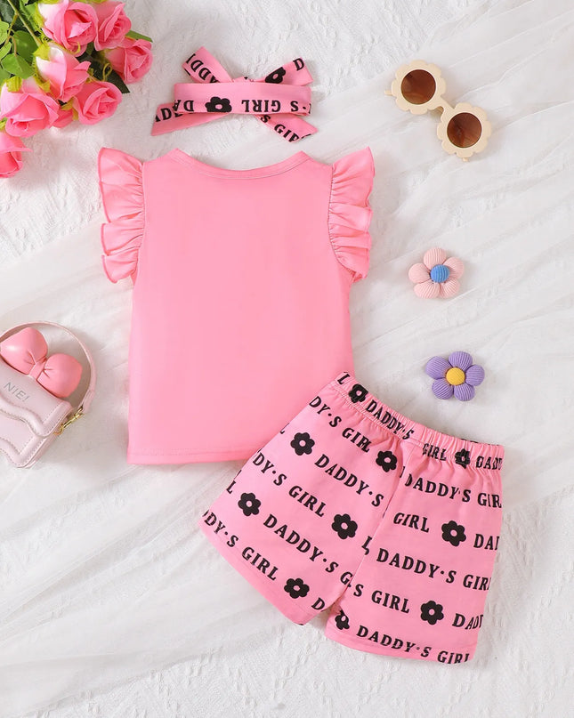 Children's Headband Letter Ruffle Sleeve Top and Shorts 3-Piece Set