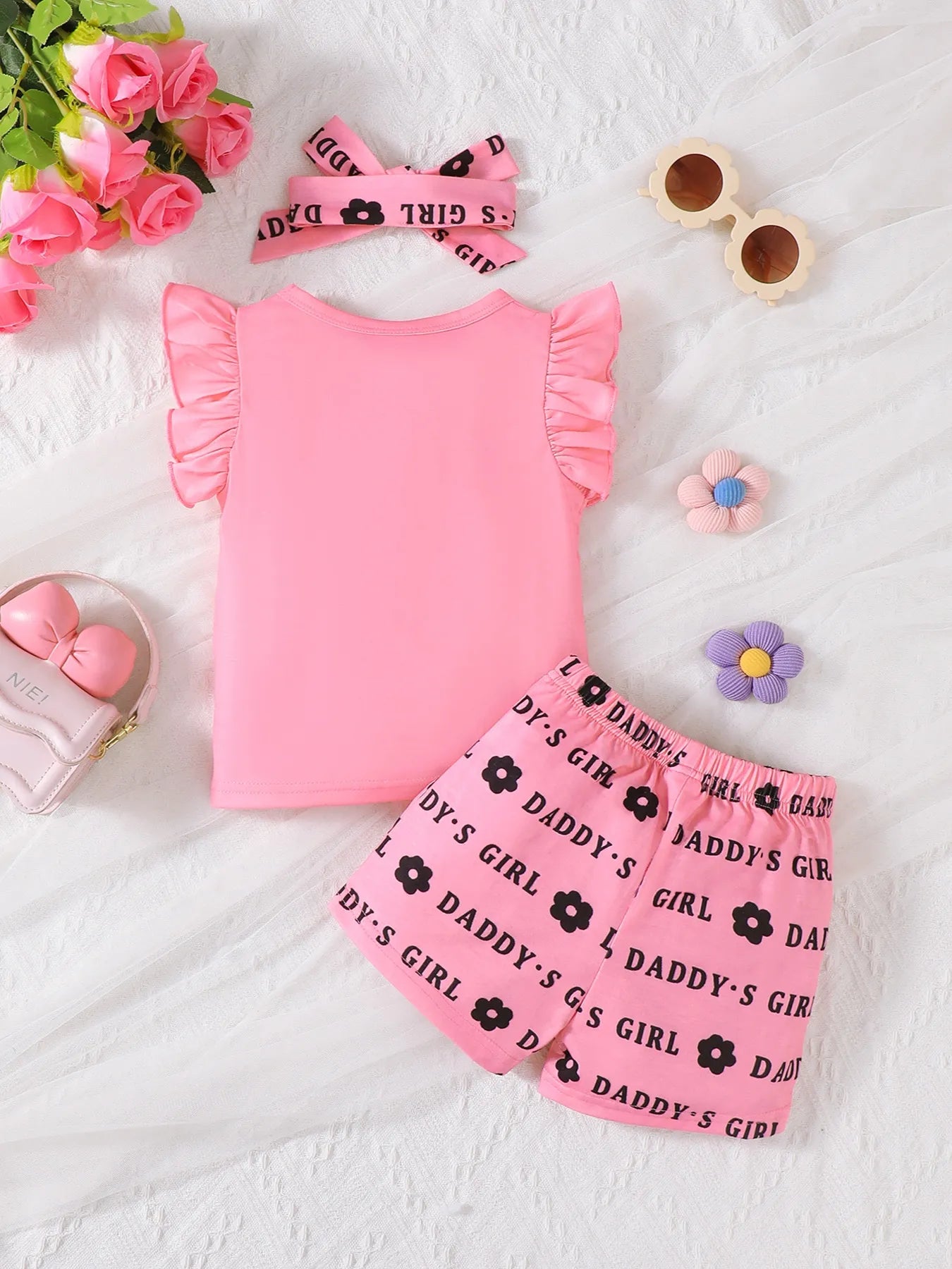 Children's Headband Letter Ruffle Sleeve Top and Shorts 3-Piece Set