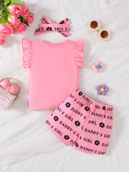 Children's Headband Letter Ruffle Sleeve Top and Shorts 3-Piece Set