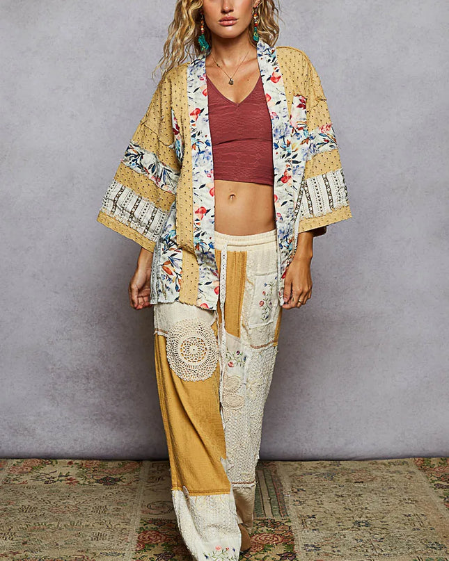 POL Raw Edge Open Front Patchwork Cardigan with Floral Trim