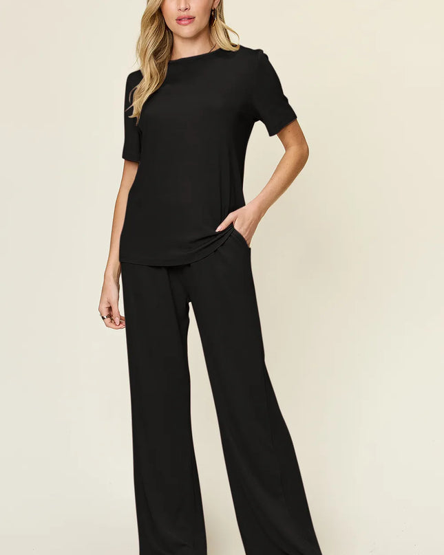 Double Take Full Size Round Neck Short Sleeve T-Shirt and Wide Leg Pants Set Black