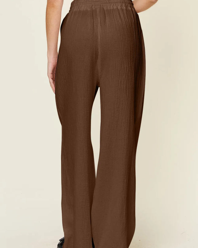 Double Take Full Size Texture Drawstring Wide Leg Pants