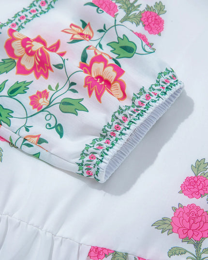 Floral Print Half Button Mandarin Neck 3/4 Sleeve Maxi Dress