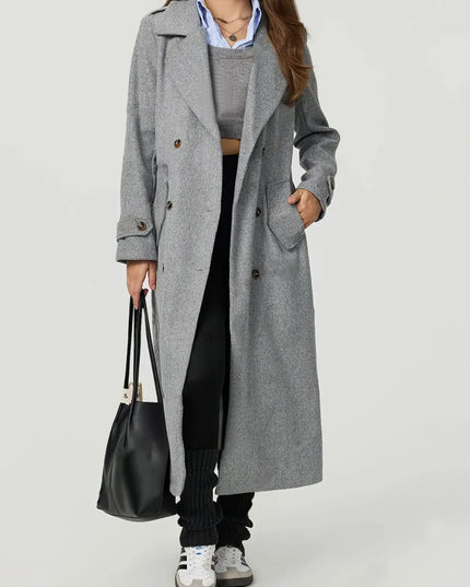 Collared Neck Long Sleeve Longline Coat Gray