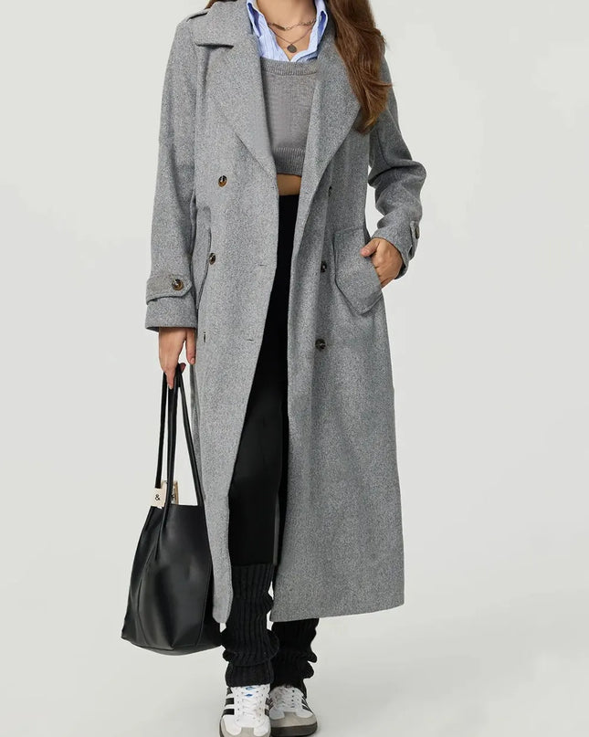Collared Neck Long Sleeve Longline Coat Gray