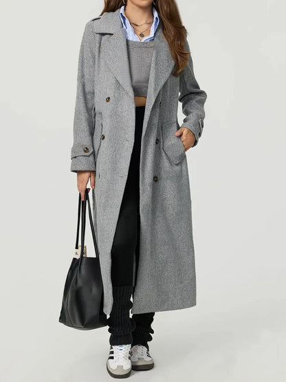 Collared Neck Long Sleeve Longline Coat Gray