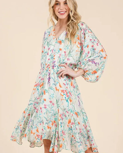Lime 'N' Chili Floral Cinched Waist Balloon Sleeve V-Neck Dress IVORY FLORAL