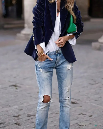 One Button Lapel Collar Long Sleeve Blazer