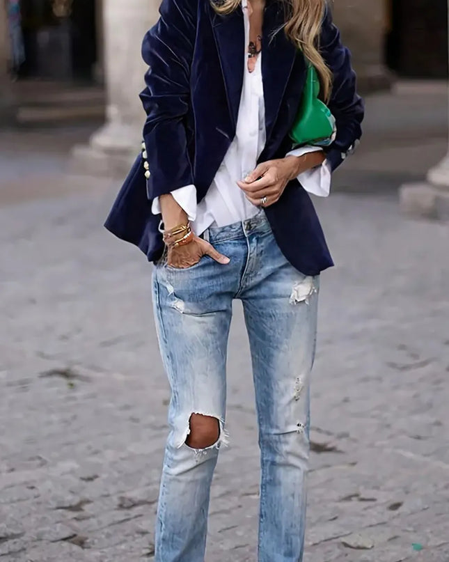 One Button Lapel Collar Long Sleeve Blazer