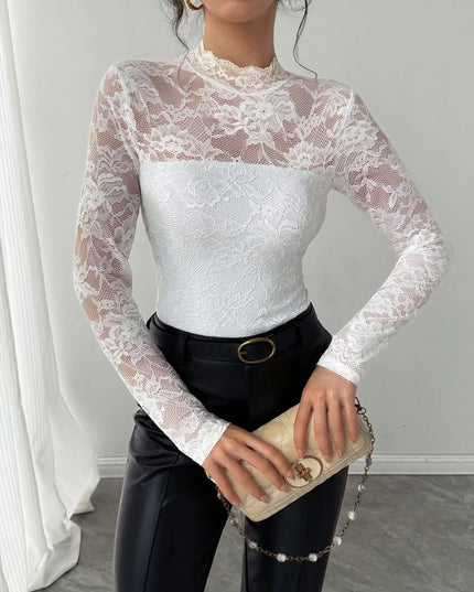 Mock Neck Long Sleeve Lace Top White