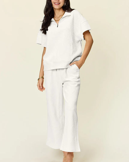 Double Take Full Size Texture Half Zip Short Sleeve Top and Pants Set