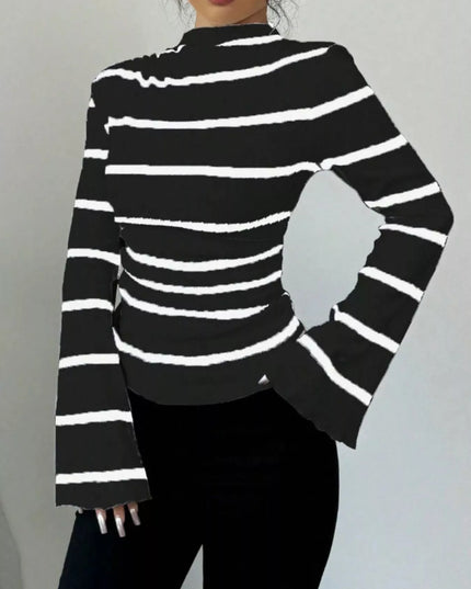 Striped Mock Neck Flare Sleeve Knit Top Black