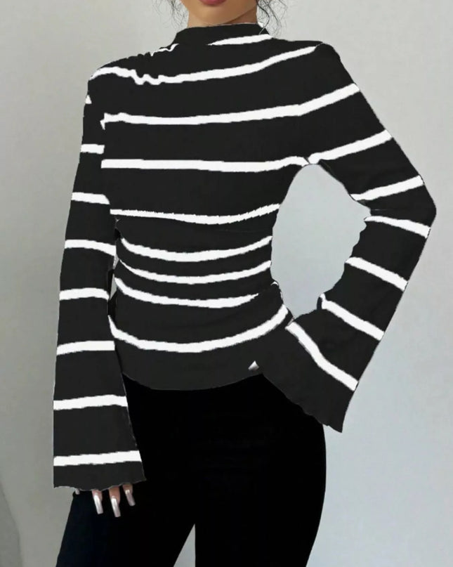 Striped Mock Neck Flare Sleeve Knit Top Black