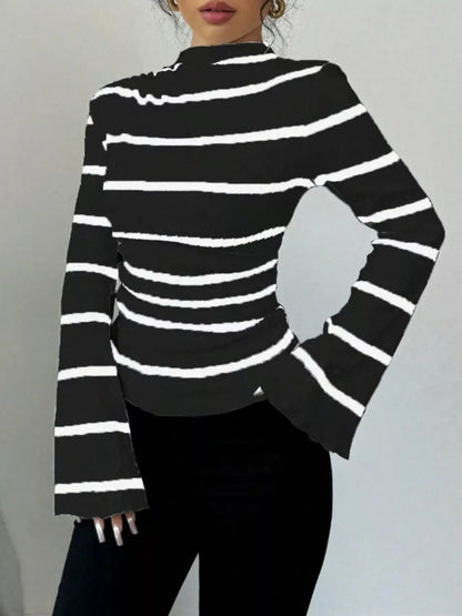 Striped Mock Neck Flare Sleeve Knit Top Black